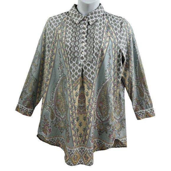 Soft Surroundings XL Womens Sky Blue Paisley Pleated Tabitha Tunic Boho Peasant - Picture 1 of 15